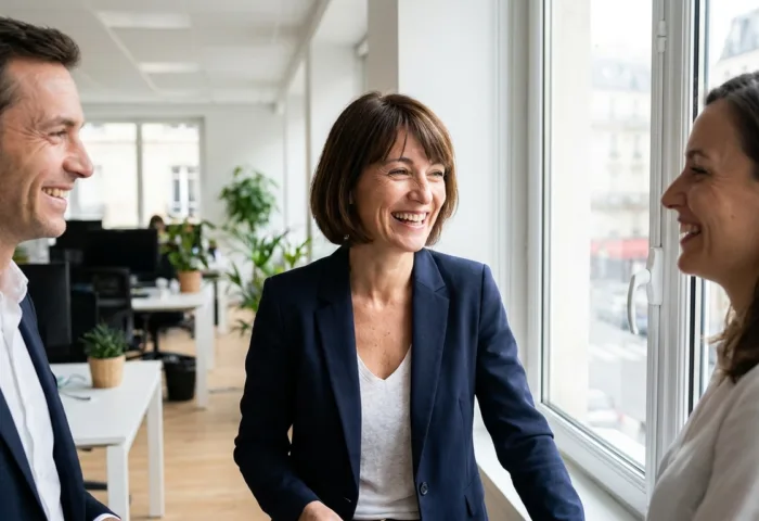 Dirigeante souriante entourée de son équipe dans un bureau lumineux