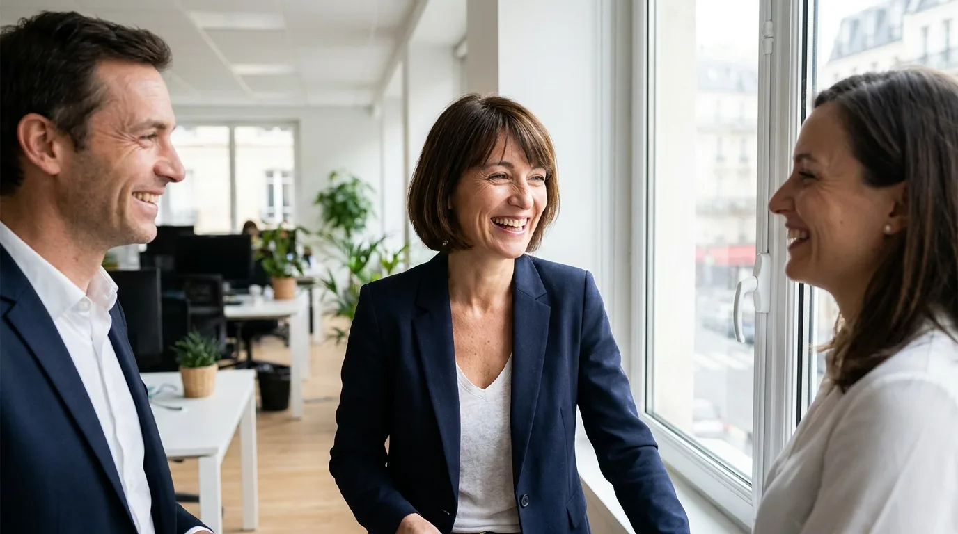 Dirigeante souriante entourée de son équipe dans un bureau lumineux
