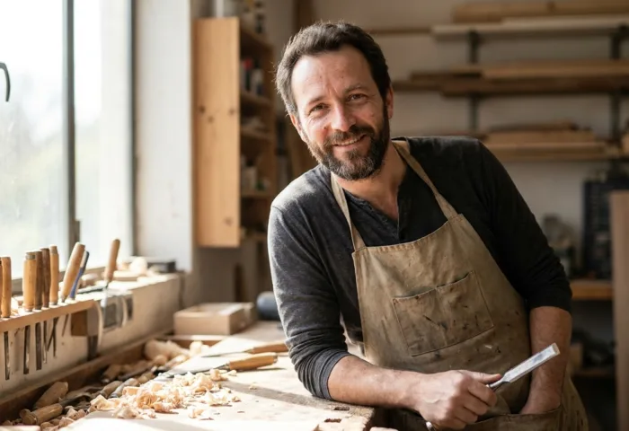Artisan indépendant souriant dans son atelier