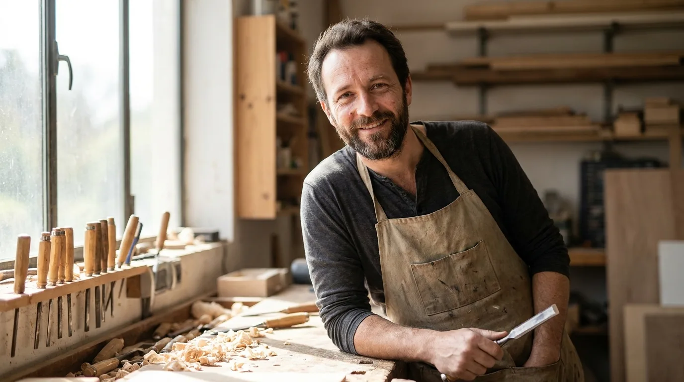 Artisan indépendant souriant dans son atelier