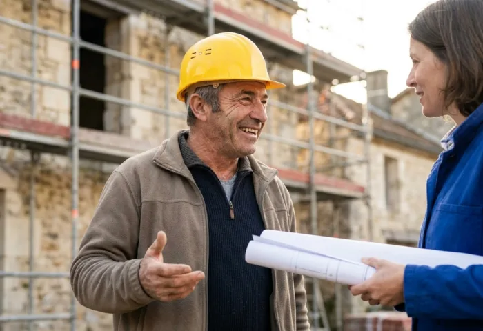 Chef de chantier souriant échangeant avec un client sur un chantier