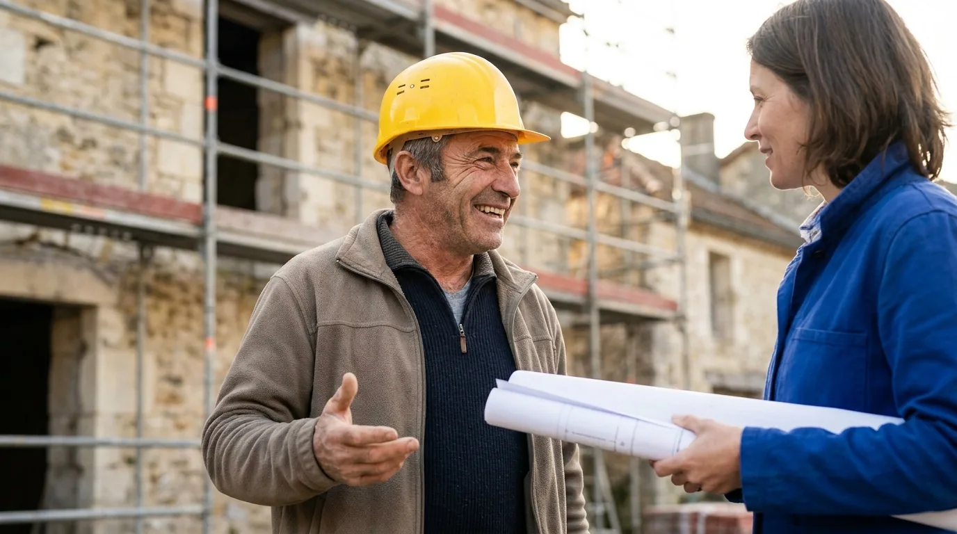 Chef de chantier souriant échangeant avec un client sur un chantier