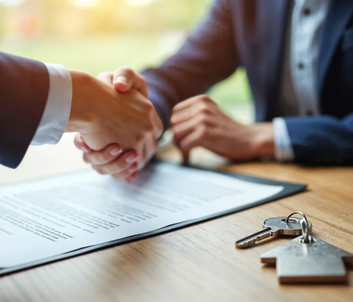 Poignée de main devant un contrat d'assurance signé